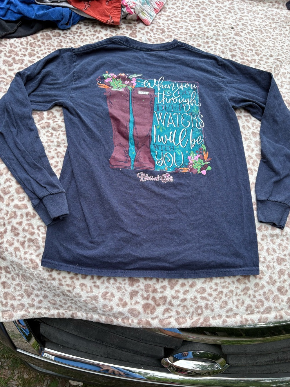 Blessed Girl Size Small Navy Long-Sleeve Top with Graphic Boots